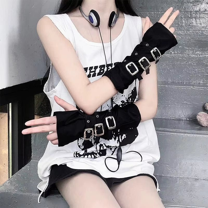 ❤️ Goth Black Metal Buckle Fingerless Long Gloves Punk Hole Half-Finger Y2K Oversleeve Arm Warmer Beggar Lolita Cosplay Sleeve