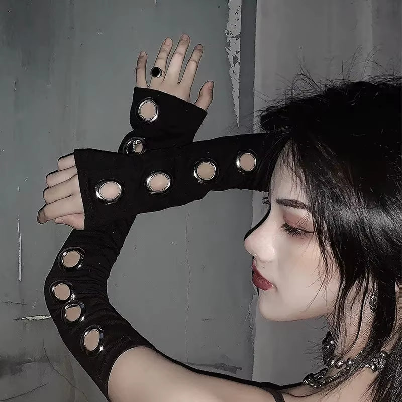 ❤️ Goth Black Metal Buckle Fingerless Long Gloves Punk Hole Half-Finger Y2K Oversleeve Arm Warmer Beggar Lolita Cosplay Sleeve